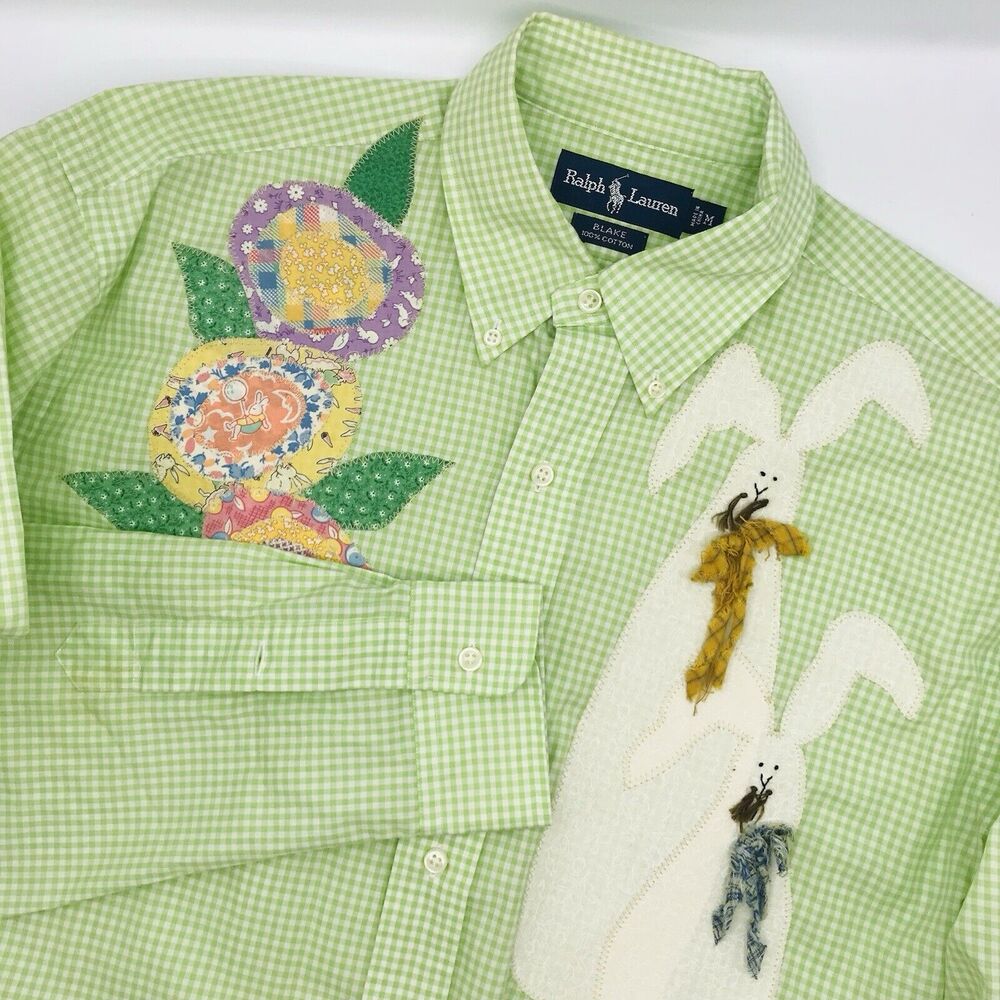 Ralph Lauren Shirt Mens M Green Gingham Plaid Check Easter Embroider Applique